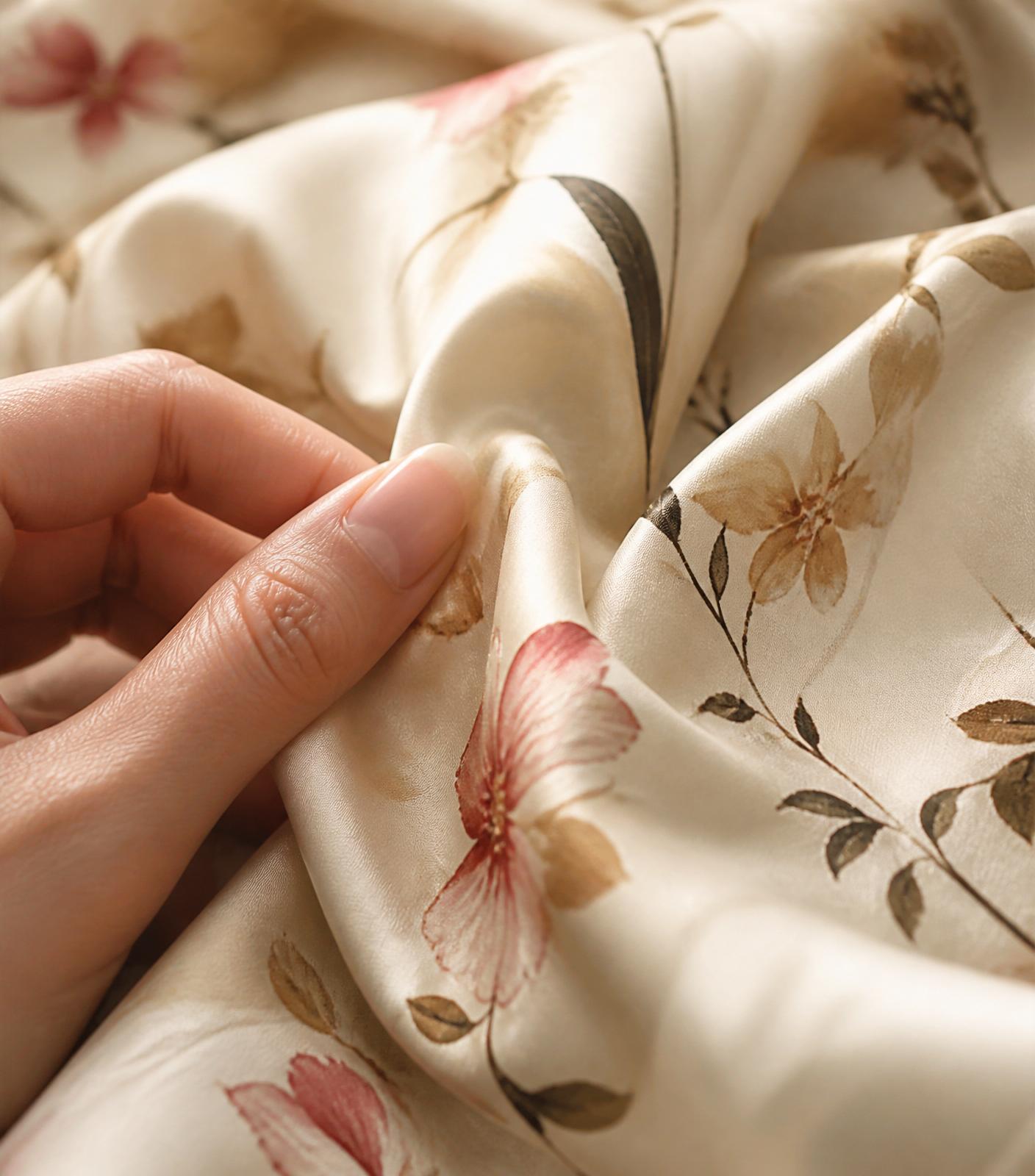 Hand touching a delicate cream silk scarf with floral print