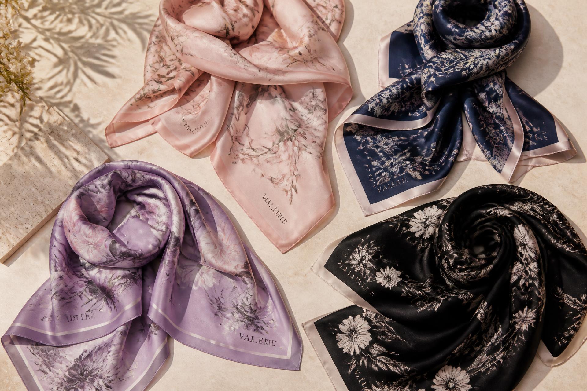 Editorial arrangement of printed silk scarves on cream stone