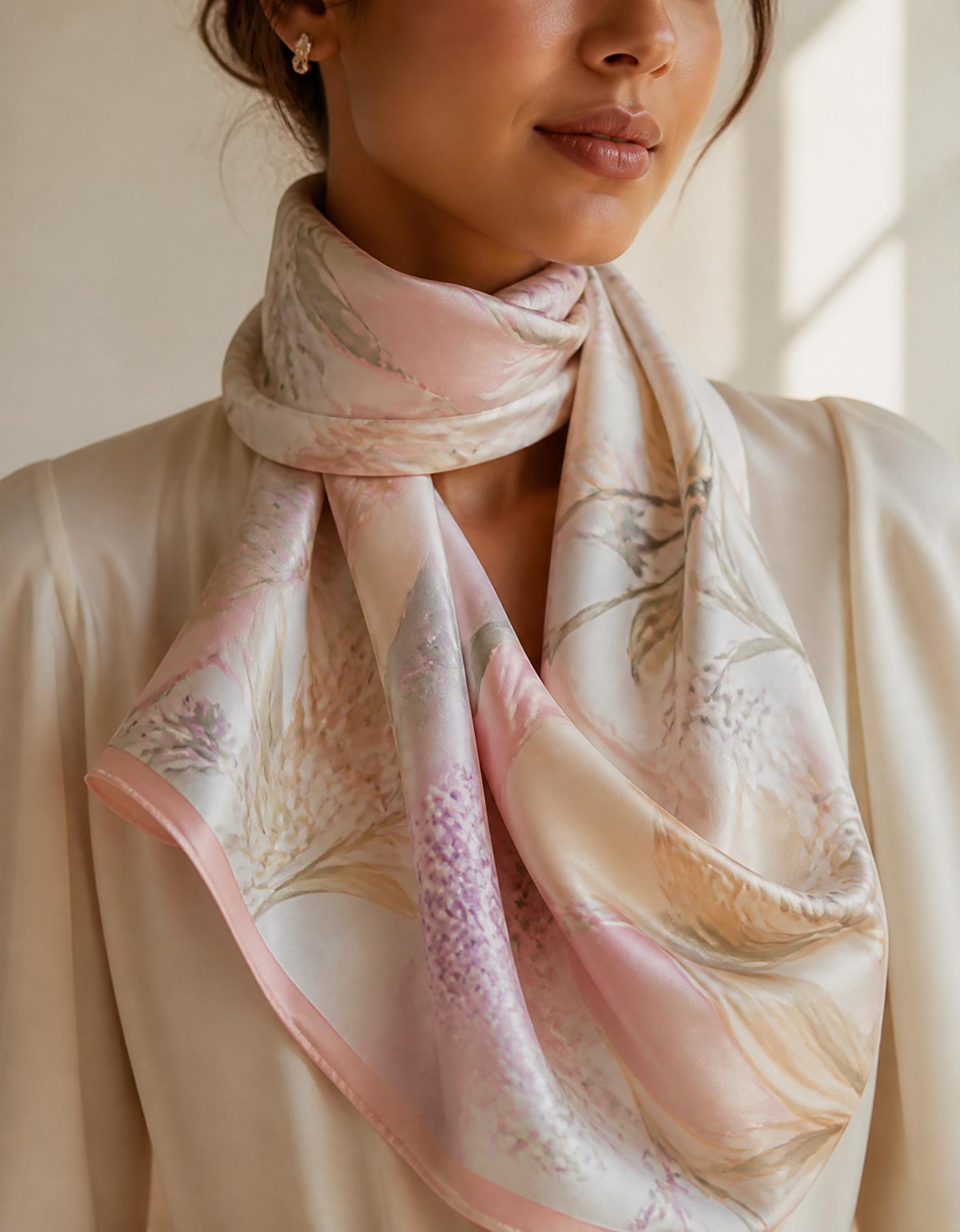 Model wearing a soft pastel printed silk scarf