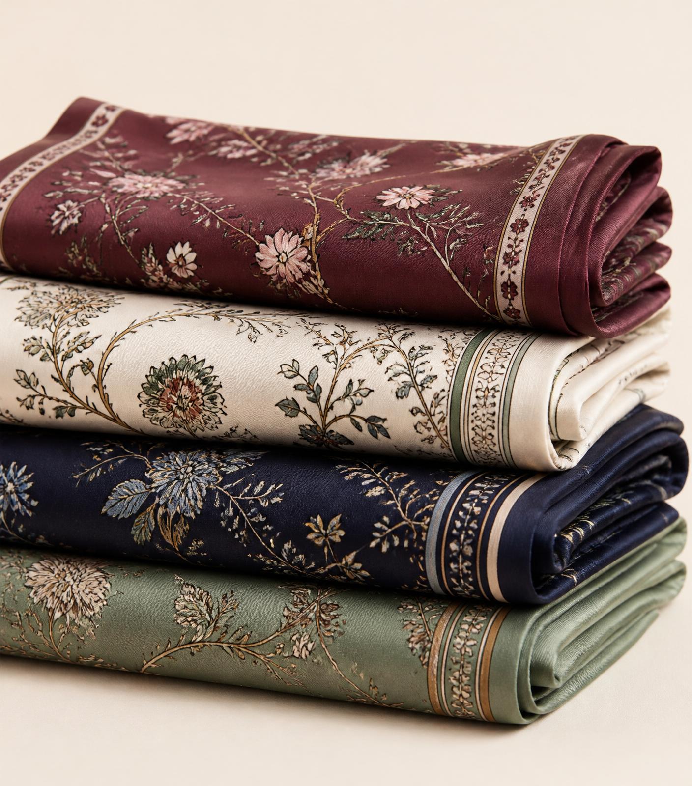 Folded stack of printed scarves in jewel tones