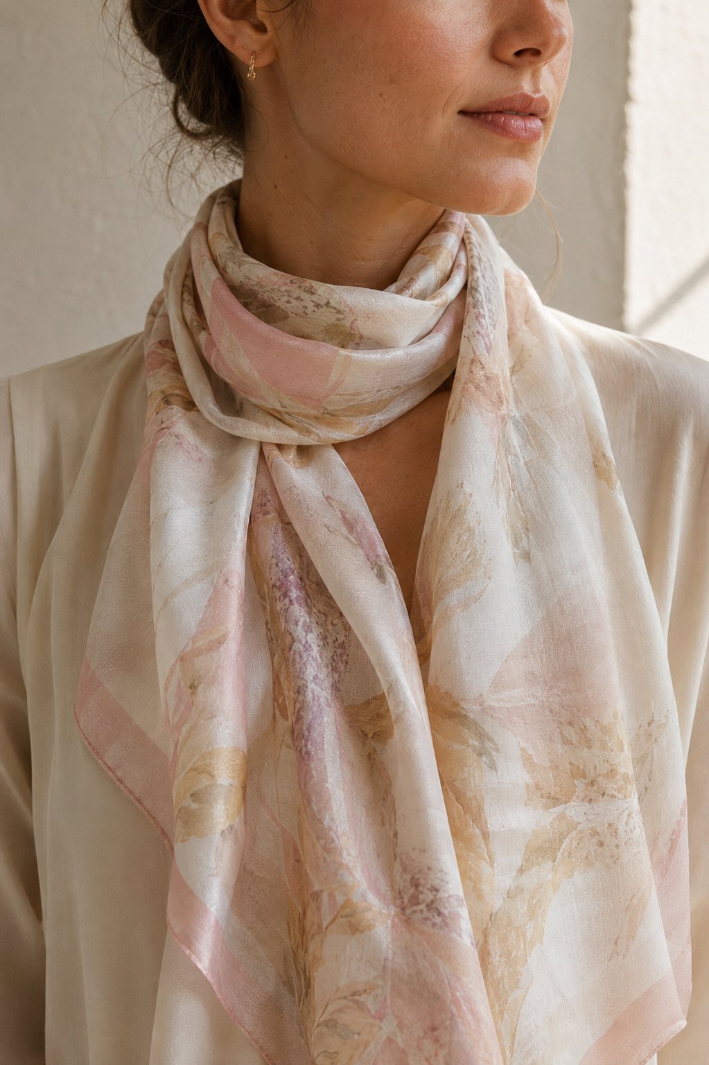 Woman wearing a printed silk scarf