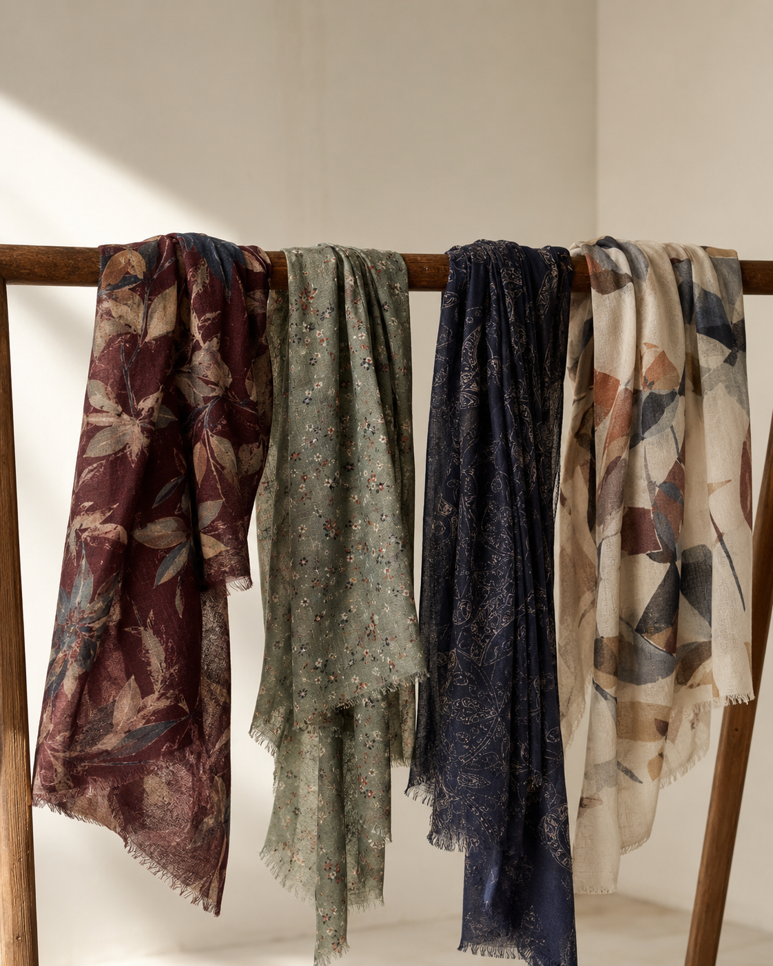 Printed wool and viscose scarves hanging on a wooden rail